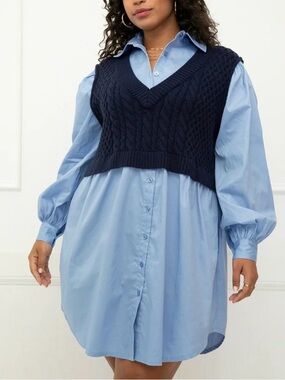 NWT Eloquii Elements Twofer Navy Knit Vest Over Light Blue Shirt Dress  14/16